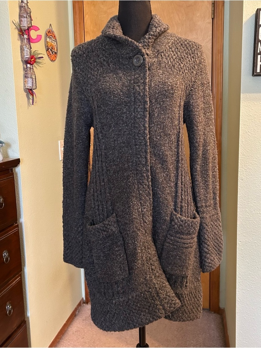 Prana Elsin charcoal long sweater coat size S snap button wool blend